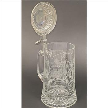 Vintage Germany Zinn Pewter Glass Stein Etched Golfing Scene 7