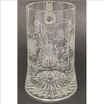 Vintage Germany Zinn Pewter Glass Stein Etched Golfing Scene 7