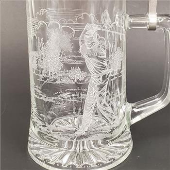 Vintage Germany Zinn Pewter Glass Stein Etched Golfing Scene 7
