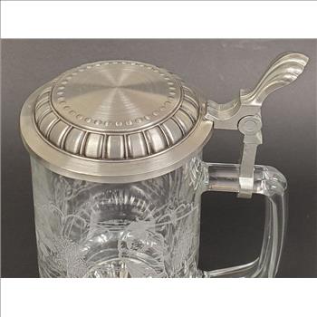 Vintage Germany Zinn Pewter Glass Stein Etched Golfing Scene 7