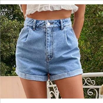 LADIES WASHED HIGH RISE ROLL HEM MINI DENIM SHORTS-XS