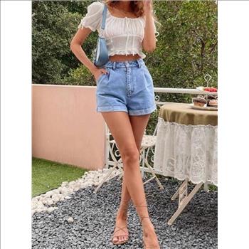 LADIES WASHED HIGH RISE ROLL HEM MINI DENIM SHORTS-XS