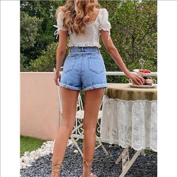 LADIES WASHED HIGH RISE ROLL HEM MINI DENIM SHORTS-XS