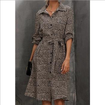 SHEIN WOMEN'S LEOPARD PRINT BUTTON THROUGH BELTED SHIRT DRESS-MEDIUM