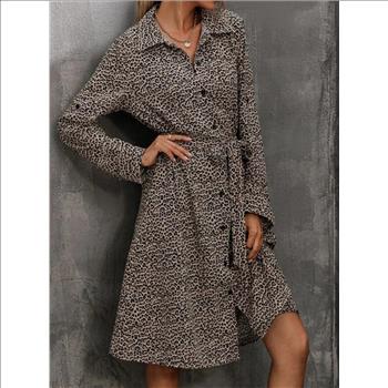SHEIN WOMEN'S LEOPARD PRINT BUTTON THROUGH BELTED SHIRT DRESS-MEDIUM