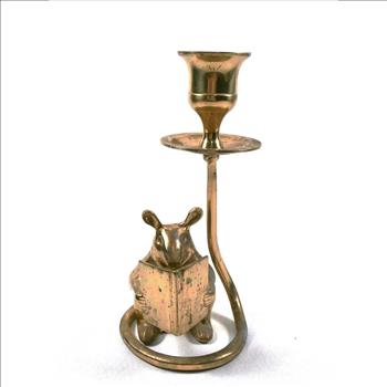 Hand Made Vintage Solid Brass Mouse Reading A Book Candle Holder