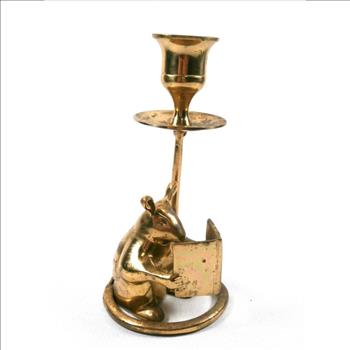 Hand Made Vintage Solid Brass Mouse Reading A Book Candle Holder