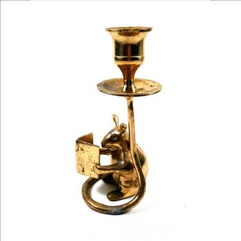 Hand Made Vintage Solid Brass Mouse Reading A Book Candle Holder