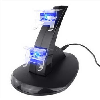 Dual Wireless Controller USB Charger Charging Dock Station Blue LED For Sony PS3