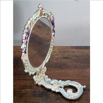 VTG Bernice Vanity Folding Mirror Ornate Enamel Rhinestone Embellishment