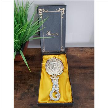 VTG Bernice Vanity Folding Mirror Ornate Enamel Rhinestone Embellishment