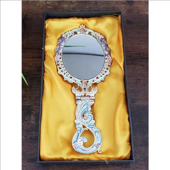 VTG Bernice Vanity Folding Mirror Ornate Enamel Rhinestone Embellishment