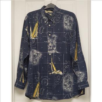 Vintage Nautica 100% Cotton Blue Collared Button-Down Geography-Nautical Themed Long Sleeves Men's Shirt Sz XL, Made in Malaysia