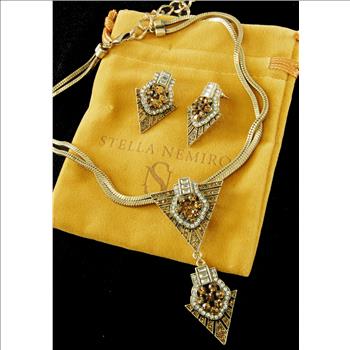 CHRISTMAS - New - Set of 2 Designer Stella Nemiro Gold Plated Swarovski Crystal and Gemstone Necklace and Earrings - $189.00 Retail
