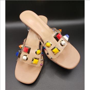 Women's Colorful Studs PVC Clear Strap Thick Mid Heels Sandals Sz 7 