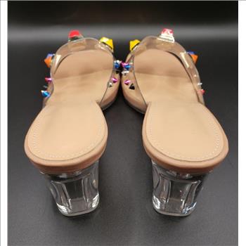 Women's Colorful Studs PVC Clear Strap Thick Mid Heels Sandals Sz 7 