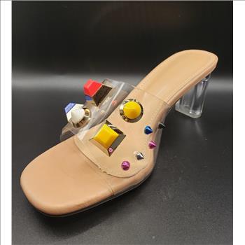 Women's Colorful Studs PVC Clear Strap Thick Mid Heels Sandals Sz 7 