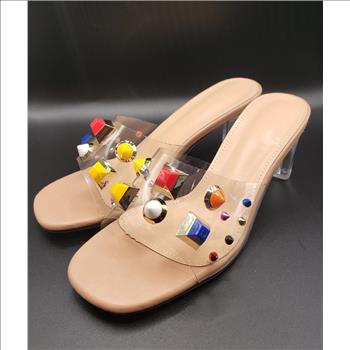 Women's Colorful Studs PVC Clear Strap Thick Mid Heels Sandals Sz 7 
