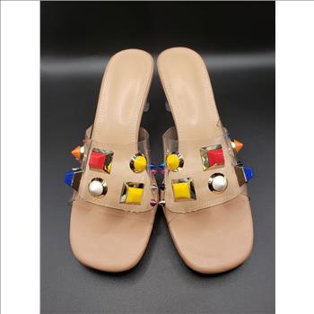 Women's Colorful Studs PVC Clear Strap Thick Mid Heels Sandals Sz 7 