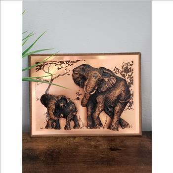 Vintage Hand Crafted Copper 3D Resin Mother & Baby Elephant Wooden Framed Wall Art Hanging