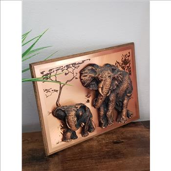 Vintage Hand Crafted Copper 3D Resin Mother & Baby Elephant Wooden Framed Wall Art Hanging