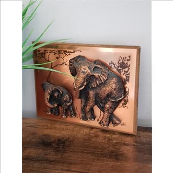 Vintage Hand Crafted Copper 3D Resin Mother & Baby Elephant Wooden Framed Wall Art Hanging
