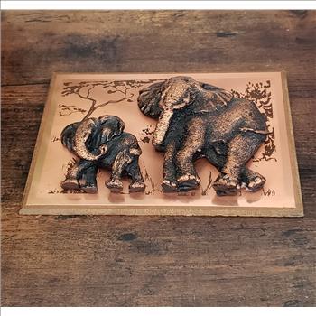 Vintage Hand Crafted Copper 3D Resin Mother & Baby Elephant Wooden Framed Wall Art Hanging