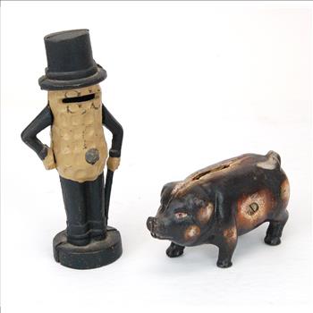 2 - Circa 1970's Iron Piggy Banks - Mr. Peanut & Piggy