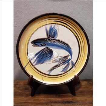 VTG  Hand Painted Fish Glazed Redware Art Pottery Decorative Plate 9.5