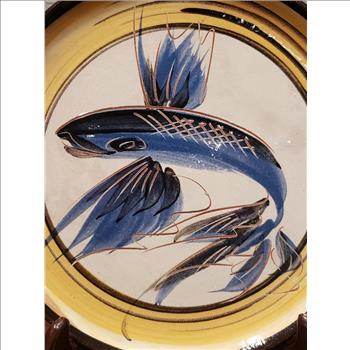 VTG  Hand Painted Fish Glazed Redware Art Pottery Decorative Plate 9.5