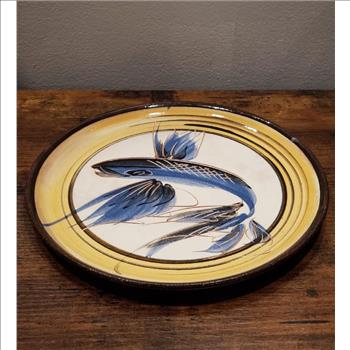 VTG  Hand Painted Fish Glazed Redware Art Pottery Decorative Plate 9.5