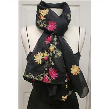 New Beautiful Floral Embroidered Women's Black Scarf Sz 69x27