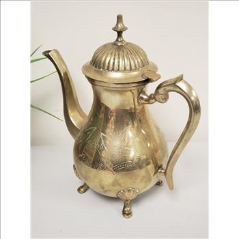 Vintage E.G.I. EP Brass Hand Crafted Etched Floral Hinged Ribbed Lid Footed Solid Brass Coffee Pot 9.5