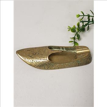 Vintage Solid Brass Etched Floral Pattern Shoe Shaped Ashtray, India