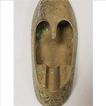 Vintage Solid Brass Etched Floral Pattern Shoe Shaped Ashtray, India