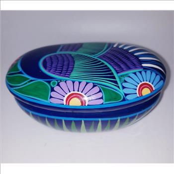 Hand Painted Southwestern Clay Bird Floral Pottery  Trinket Box 