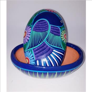 Hand Painted Southwestern Clay Bird Floral Pottery  Trinket Box 