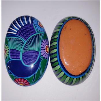 Hand Painted Southwestern Clay Bird Floral Pottery  Trinket Box 