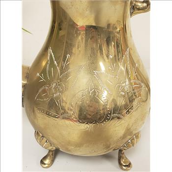 Vintage E.G.I. EP Brass Hand Crafted Etched Floral Hinged Ribbed Lid Footed Solid Brass Coffee Pot 9.5