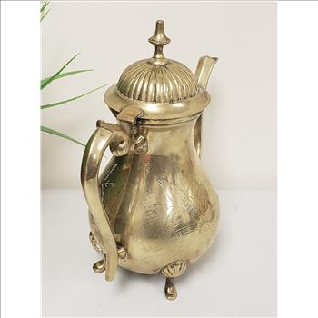 Vintage E.G.I. EP Brass Hand Crafted Etched Floral Hinged Ribbed Lid Footed Solid Brass Coffee Pot 9.5