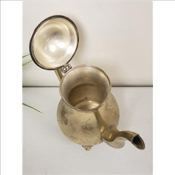 Vintage E.G.I. EP Brass Hand Crafted Etched Floral Hinged Ribbed Lid Footed Solid Brass Coffee Pot 9.5