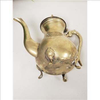 Vintage E.G.I. EP Brass Hand Crafted Etched Floral Hinged Ribbed Lid Footed Solid Brass Coffee Pot 9.5