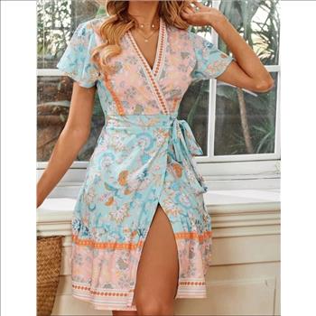ALL OVER FLORAL PRINT BELT WRAP BOHO DRESS- SMALL