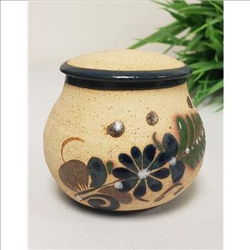 Vintage Tonala Mexican Pottery Hand Painted Floral-Butterfly Covered Dish Jewelry Storage Box