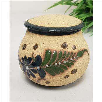 Vintage Tonala Mexican Pottery Hand Painted Floral-Butterfly Covered Dish Jewelry Storage Box