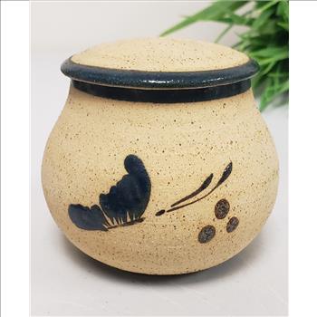 Vintage Tonala Mexican Pottery Hand Painted Floral-Butterfly Covered Dish Jewelry Storage Box