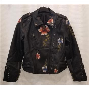 Women's Floral Embroidered PU Leather Jacket Size - L