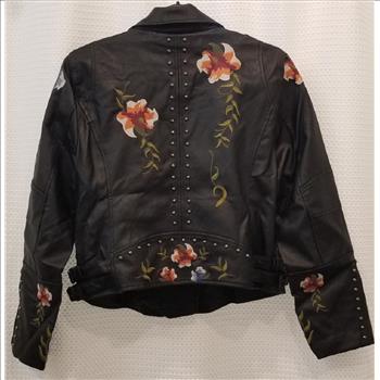 Women's Floral Embroidered PU Leather Jacket Size - L