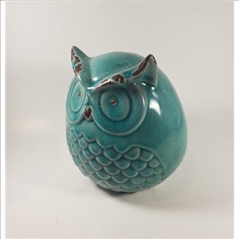 Handcrafted Ceramic Owl Statue Teal Blue