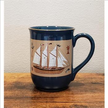 Vintage Schooner Sailing Ship Ceramic Mug Navy Blue Gold Trim Anchor Helm Otagiri Japan